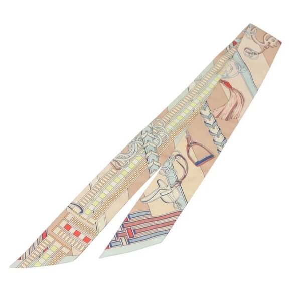 HERMES Twilly Scarf ""Brides et Gris Gris"" Silk Beige Auth 135813 - Picture 1 of 6